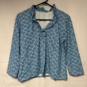 J. McLaughlin Catalina Cloth Durham Ruffle Neck Printed Blue Top XL AOP Chic Lux